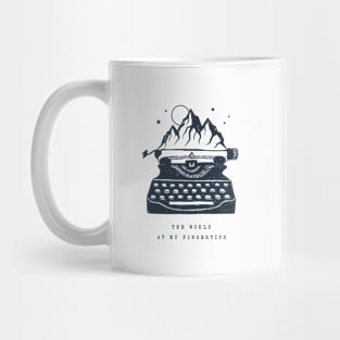 Creative Illustration. Mountains, Stars And Typewriter. Inspirational Quote Mug